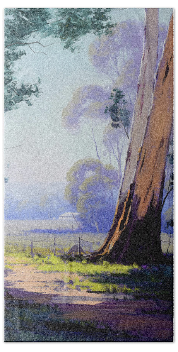 Eucalyptus Trees Beach Towel featuring the painting Hazy Light landscape by Graham Gercken