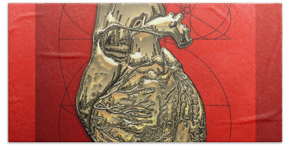 inner Workings Collection By Serge Averbukh Beach Sheet featuring the photograph Heart of Gold - Golden Human Heart on Red Canvas #1 by Serge Averbukh
