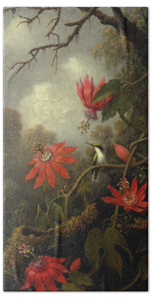 Martin Johnson Heade Beach Towel featuring the painting Hummingbird And Passionflowers #1 by Martin Johnson Heade