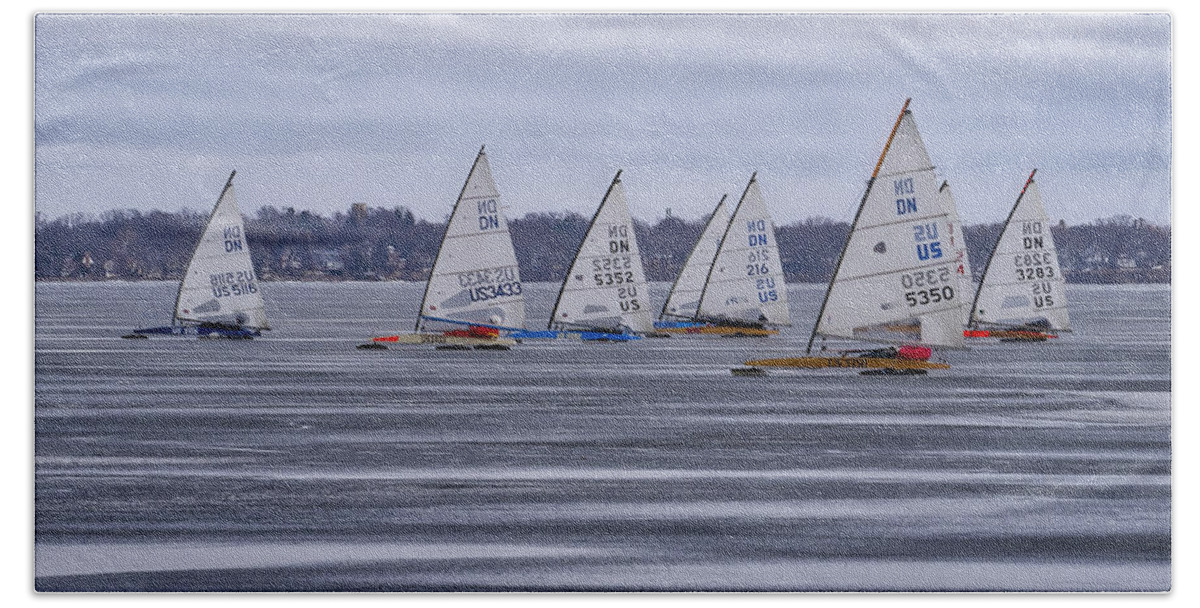 Ice Boats Beach Towel featuring the photograph ice sailing - Madison - Wisconsin by Steven Ralser