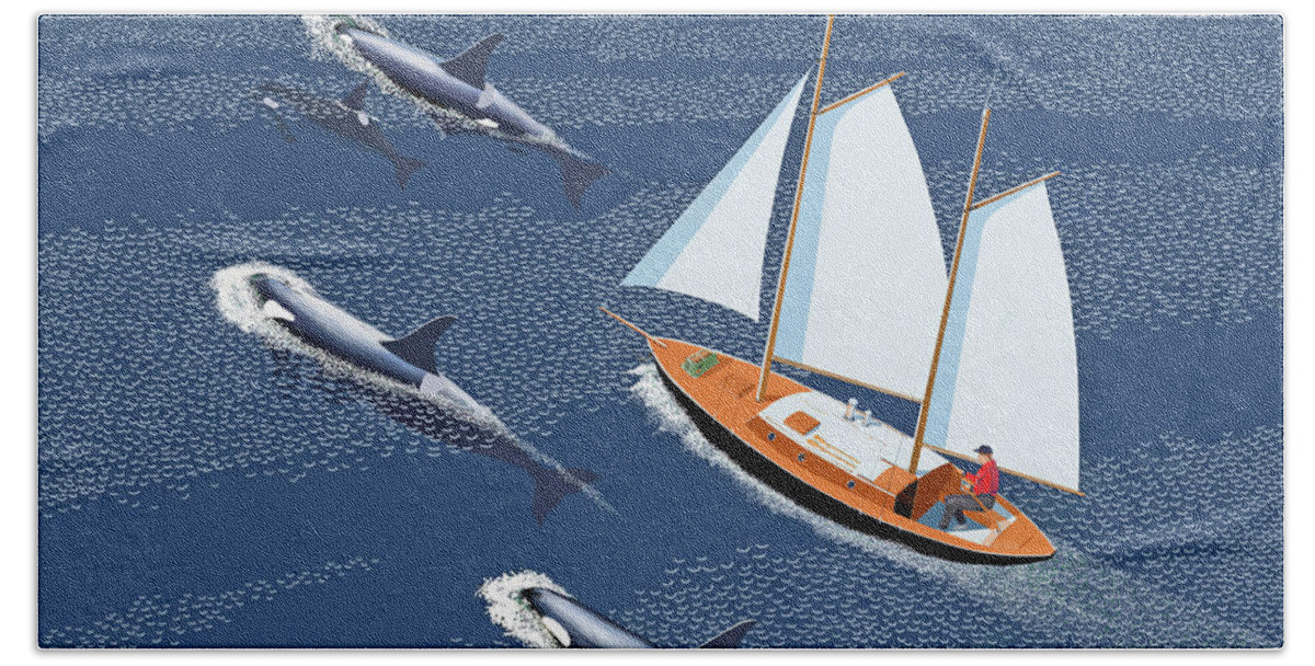 Whale Whales Sailing Ketch Schooner Boat Boating Pod Orca Blue Whale Killer Whale Whaling Moby Dick Ocean Oceanic Blowing Spouting Saddle Patch Breaching Cetacean Whalelike Beluga Lobtailing Fluking Beach Towel featuring the digital art In the company of whales by Gary Giacomelli