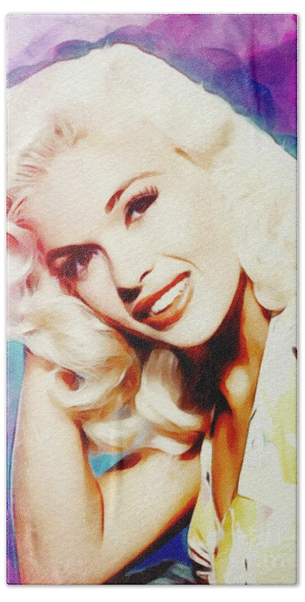 Jayne Beach Towel featuring the painting Jayne Mansfield, Movie Star and Pinup #1 by Esoterica Art Agency