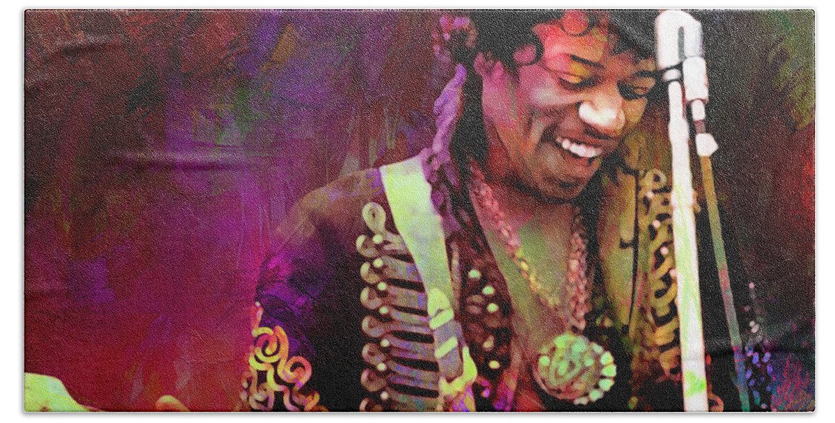 Jimi Hendrix Beach Towel featuring the digital art Jimi Hendrix Electric Guitarist #1 by Mal Bray