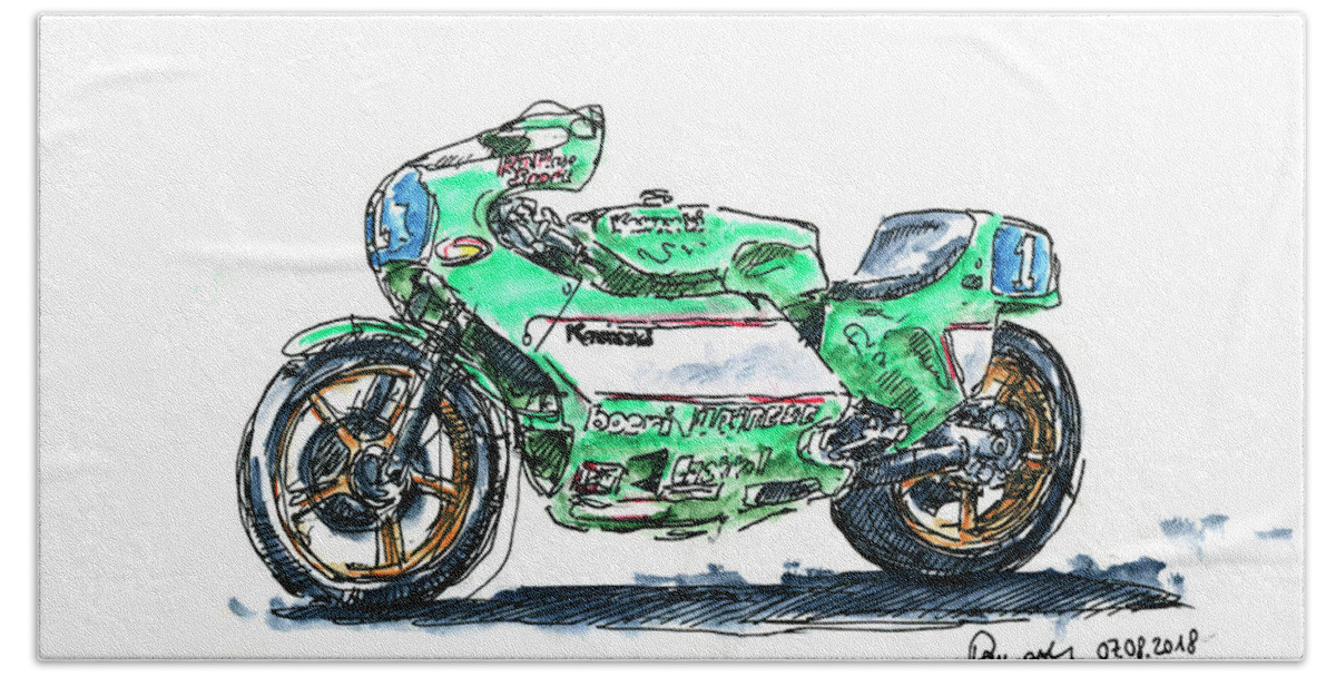 Motorbike Beach Towel featuring the drawing Kawasaki KR 350 Classic Racing Motorbike Ink Drawing and Waterco #1 by Frank Ramspott