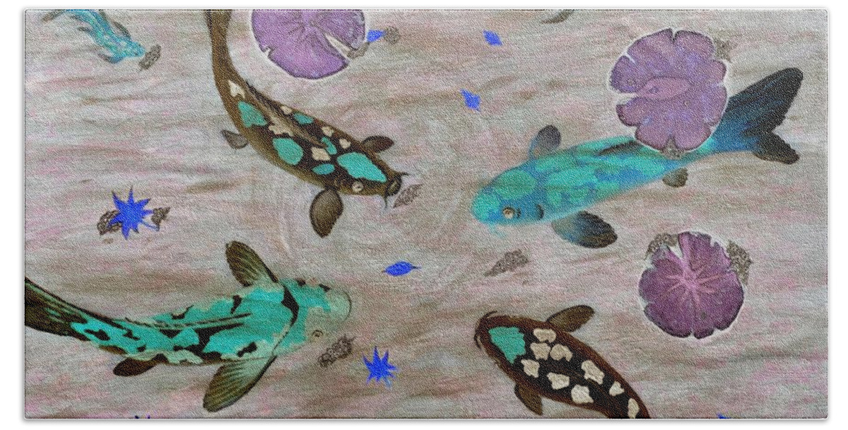 Koi Fish Beach Towel featuring the painting Koi Fish Feng Shui #1 by Georgeta Blanaru