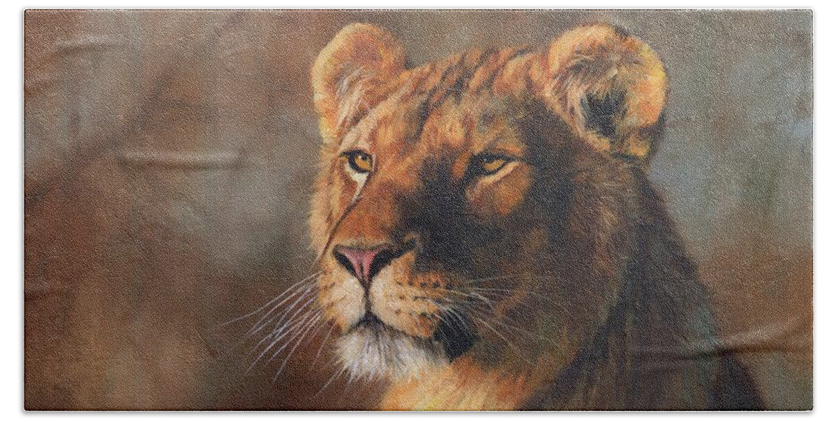 Lioness Beach Sheet featuring the painting Lioness Portrait #1 by David Stribbling