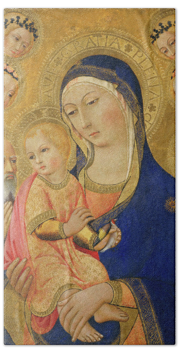 Madonna And Child Beach Towel featuring the painting Madonna and Child with Saint Jerome, Saint Bernardino, and Angels #1 by Sano di Pietro