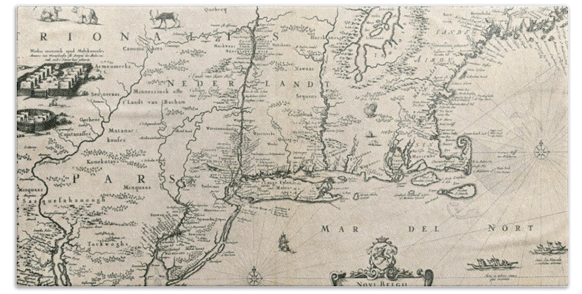 Maps Beach Sheet featuring the photograph Map Of New Netherland, 1650s #1 by Photo Researchers