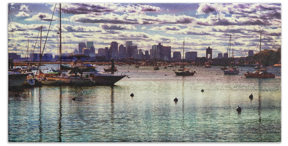 Boston City Skyline Beach Towel featuring the photograph Marina and Boston city skyline #1 by Lilia S