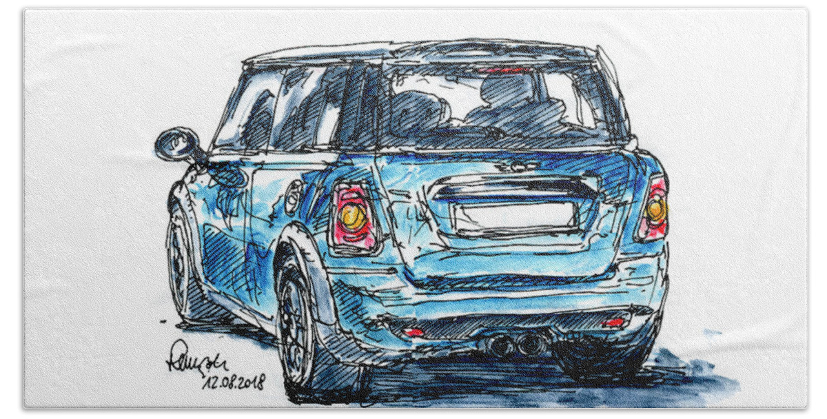 Mini Beach Towel featuring the drawing MINI Cooper S Car Ink Drawing and Watercolor by Frank Ramspott