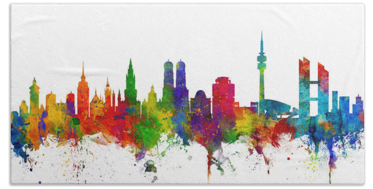 City Skyline Beach Towel featuring the digital art Munich Germany Skyline #1 by Michael Tompsett