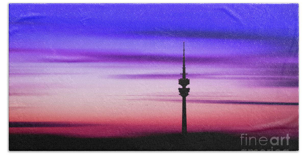 Bavaria Beach Sheet featuring the photograph Munich - Olympiaturm at sunset #1 by Hannes Cmarits