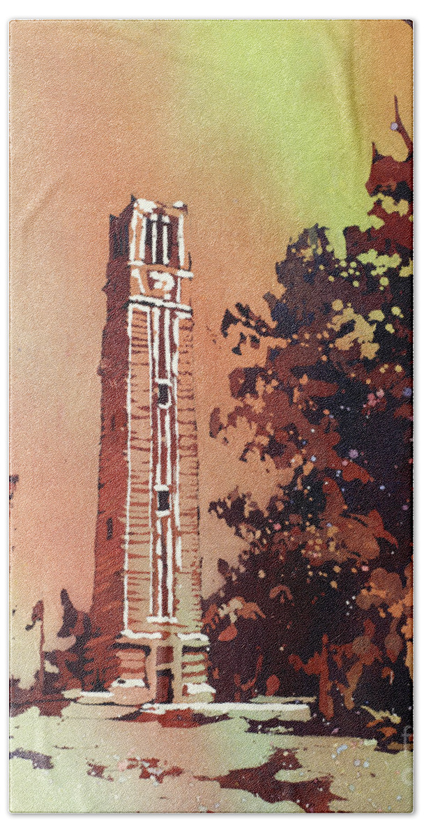Art Prints Beach Towel featuring the painting NCSU Bell-Tower #1 by Ryan Fox