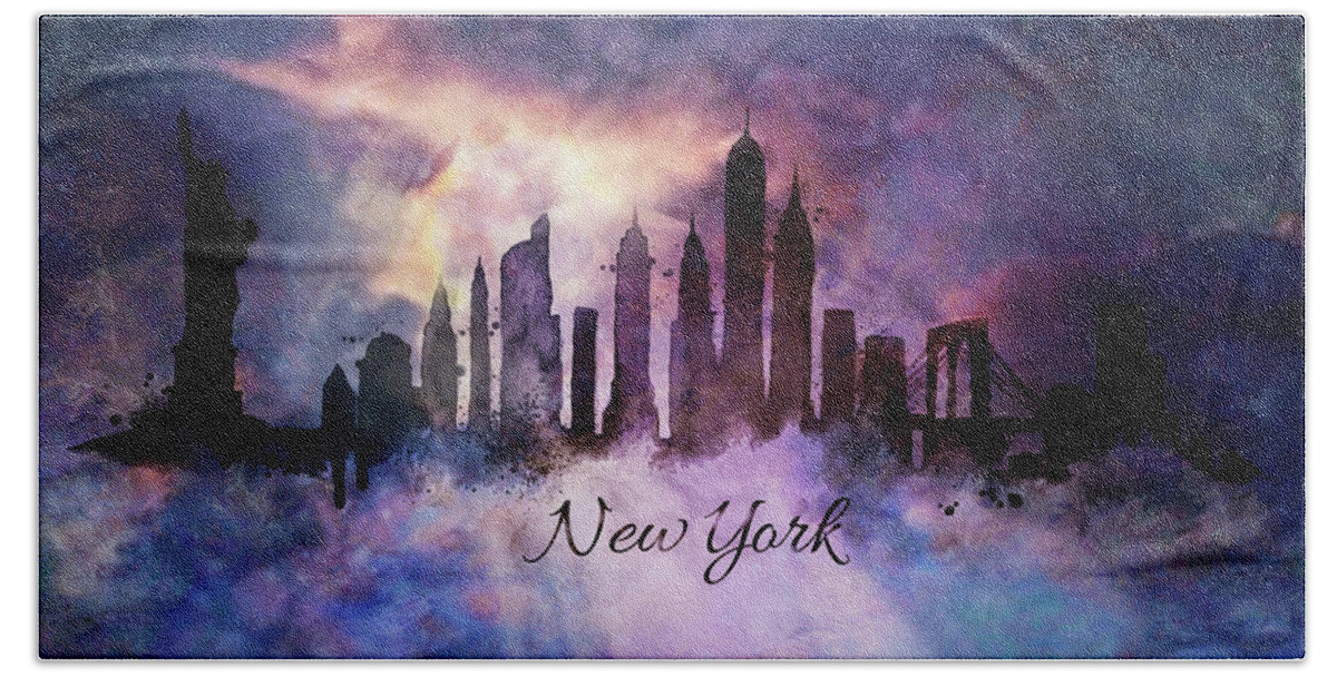 New York Skyline Beach Towel featuring the painting New york city skyline in the clouds #1 by Lilia S