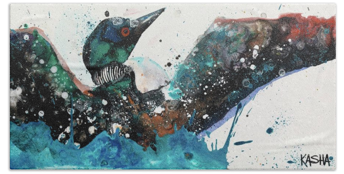 Loon Beach Towel featuring the painting Nose Dive #1 by Kasha Ritter