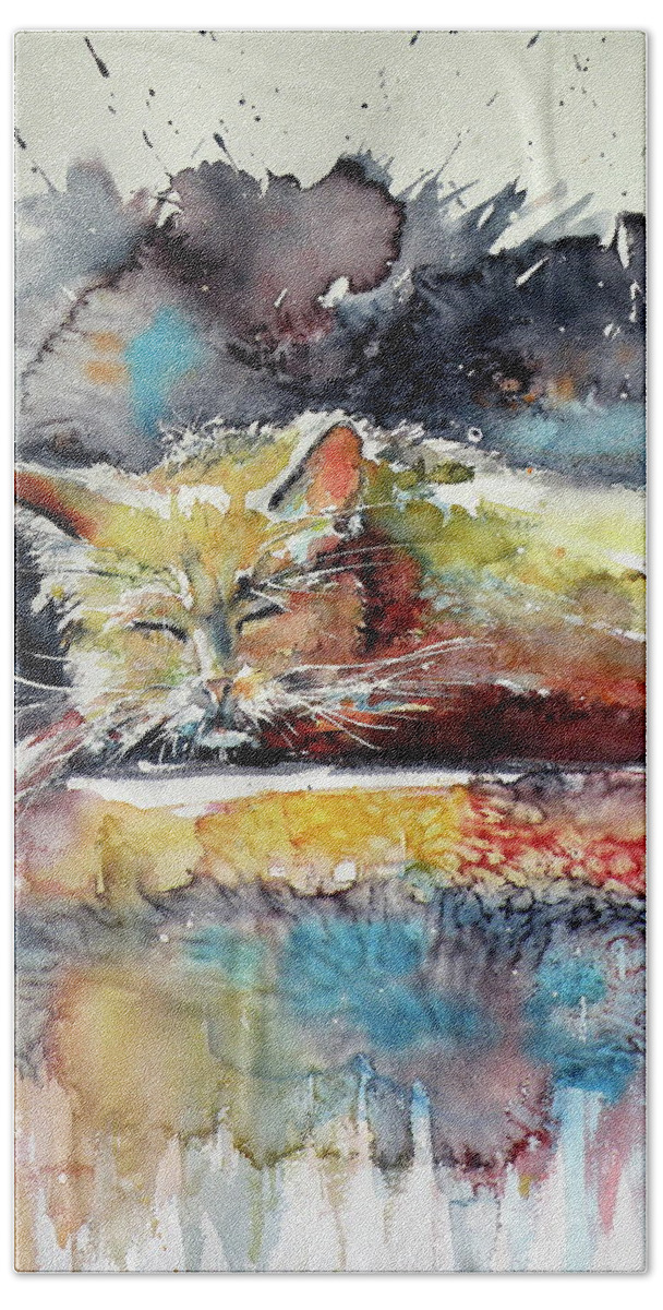 Old Beach Towel featuring the painting Old cat resting #1 by Kovacs Anna Brigitta