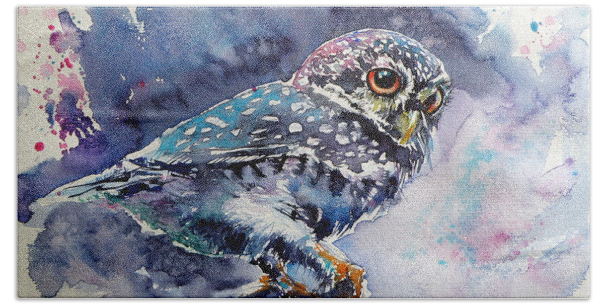 Owl Beach Towel featuring the painting Owl at night #4 by Kovacs Anna Brigitta