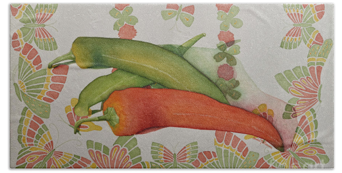 Green Pepper Beach Towel featuring the painting Peppers and Butterflies by Sandra Neumann Wilderman