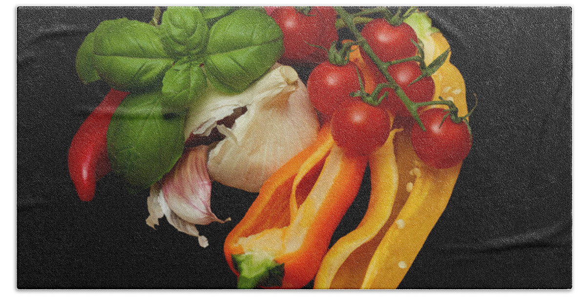 Peppers Beach Towel featuring the photograph Peppers Basil Tomatoes Garlic #1 by David French
