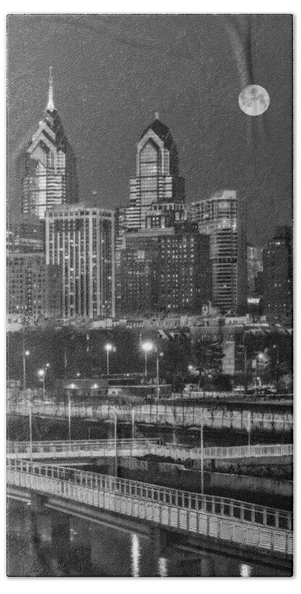 Philly Skyline Beach Sheet featuring the photograph Philly Skyline Full Moon #1 by Susan Candelario