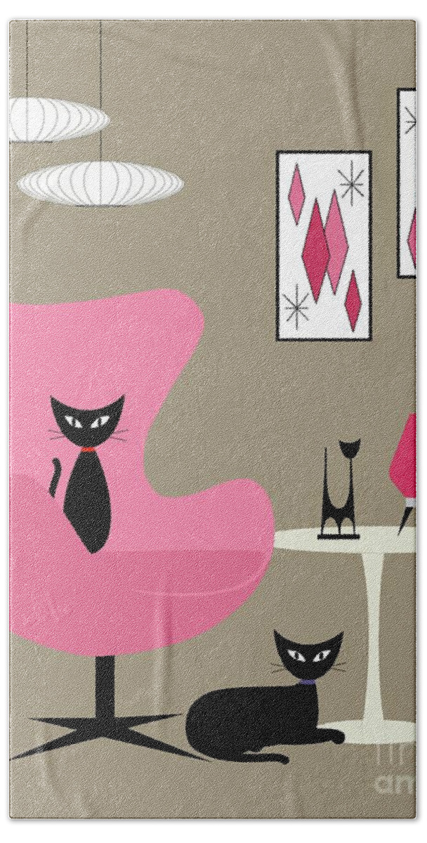  Beach Towel featuring the digital art Pink Egg Chair with Two Cats #1 by Donna Mibus