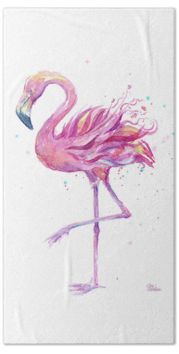 Flamingo Beach Towel featuring the painting Pink Flamingo Watercolor by Olga Shvartsur