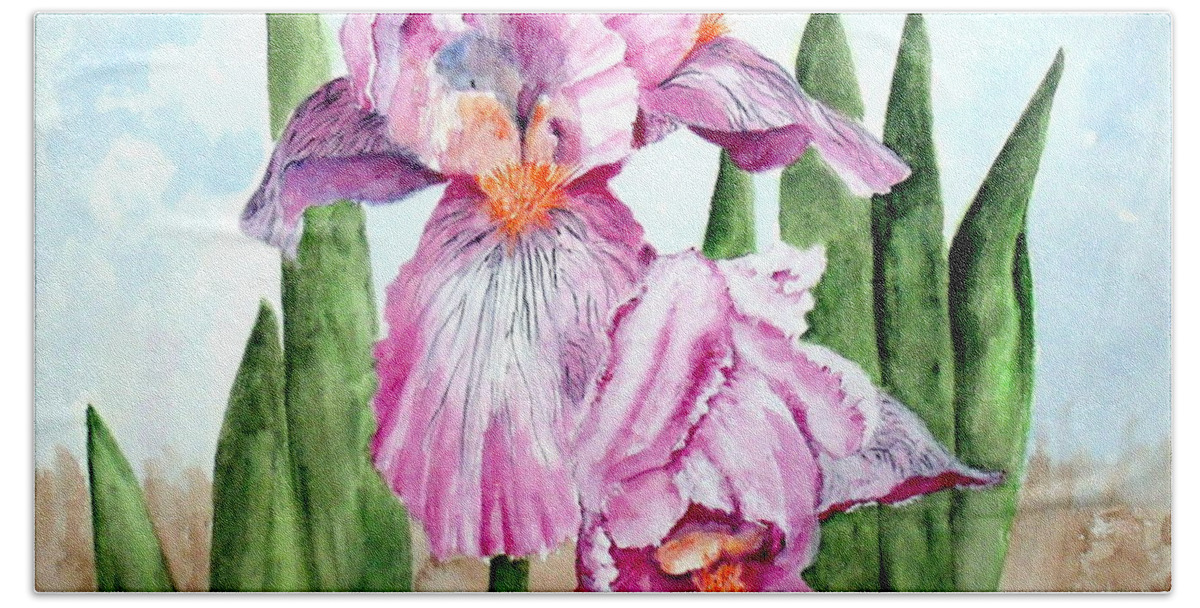 Flower Beach Towel featuring the painting Pink Iris #1 by Carol Grimes