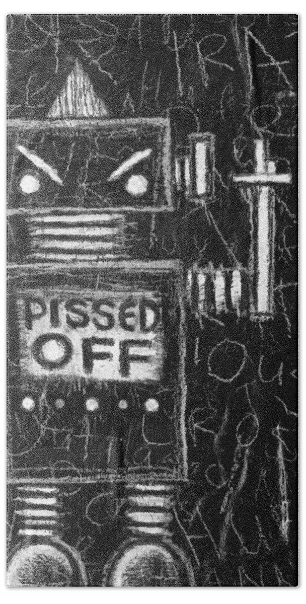 Robot Beach Towel featuring the drawing Pissed Off Bot by Roseanne Jones