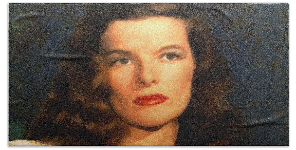 Portrait Beach Towel featuring the digital art Portrait of Katherine Hepburn #1 by Charmaine Zoe