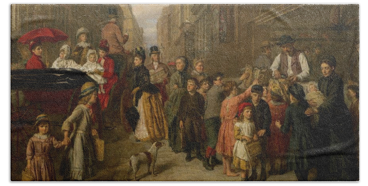 William Powell Frith Beach Towel featuring the painting Poverty And Wealth #1 by William Powell