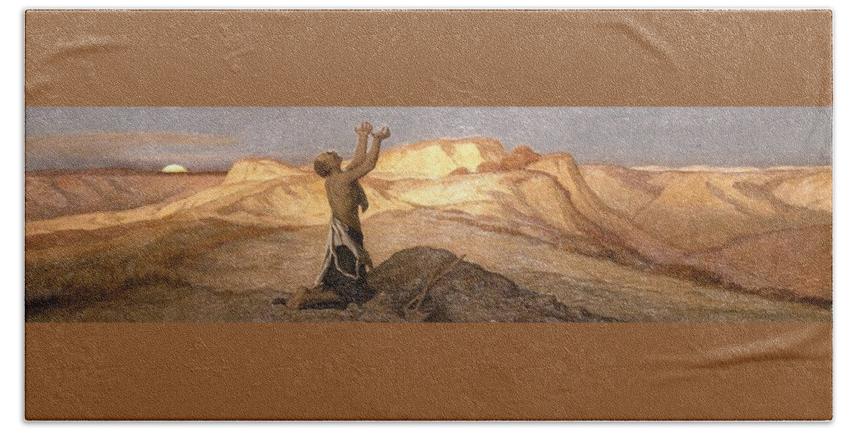 Elihu Vedder (american Beach Towel featuring the painting Prayer for Death in the Desert #1 by Elihu Vedder