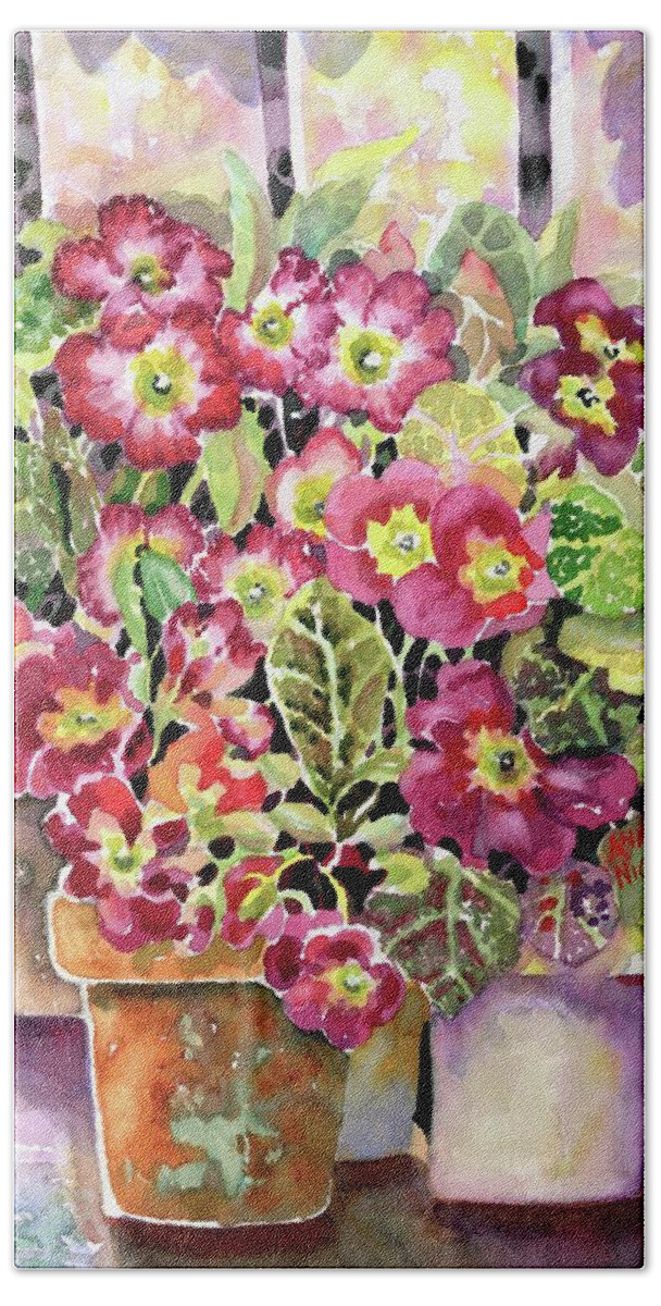 Watercolor Beach Towel featuring the painting Primroses In Pots #1 by Ann Nicholson