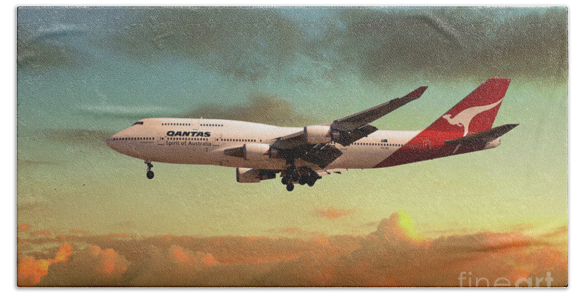 Qantas Beach Towel featuring the digital art Qantas Boeing 747 by Airpower Art