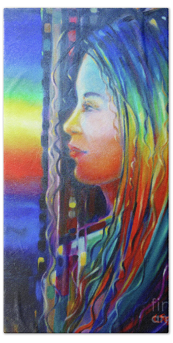 Girl Beach Towel featuring the painting Rainbow Girl 241008 #1 by Selena Boron