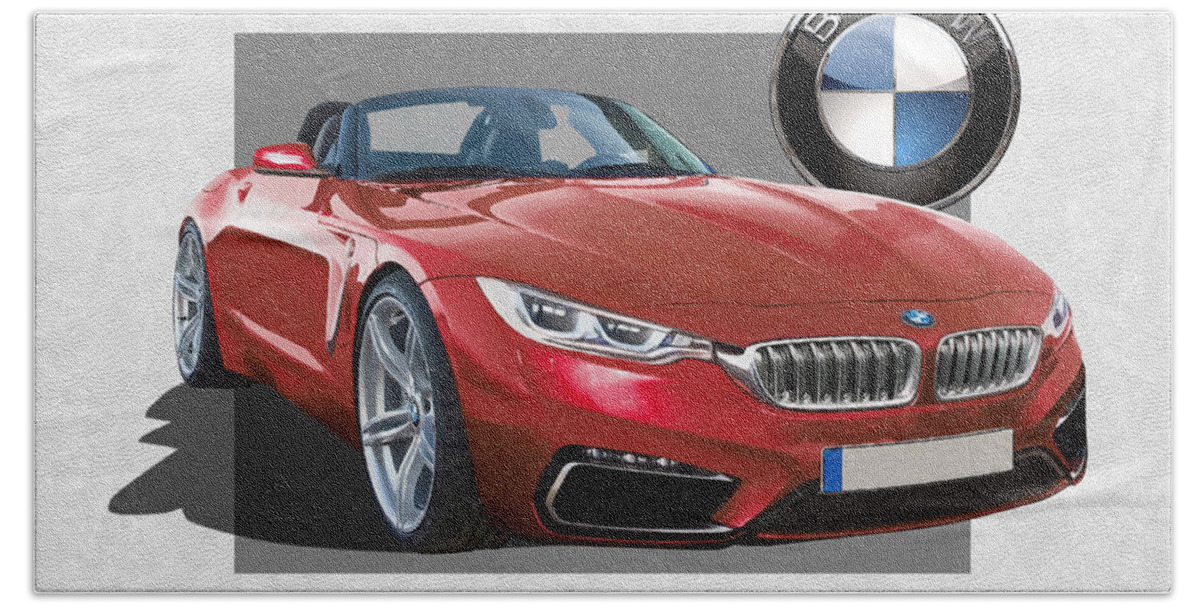 �bmw� Collection By Serge Averbukh Beach Towel featuring the photograph Red 2018 B M W Z 5 with 3 D Badge by Serge Averbukh