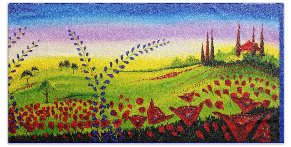  Beach Towel featuring the painting Red Poppies Of Tuscany #5 #2 by James Dunbar