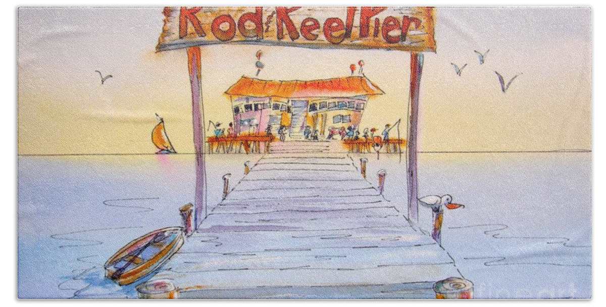 Florida Beach Towel featuring the painting Rod and Reel Pier by Midge Pippel