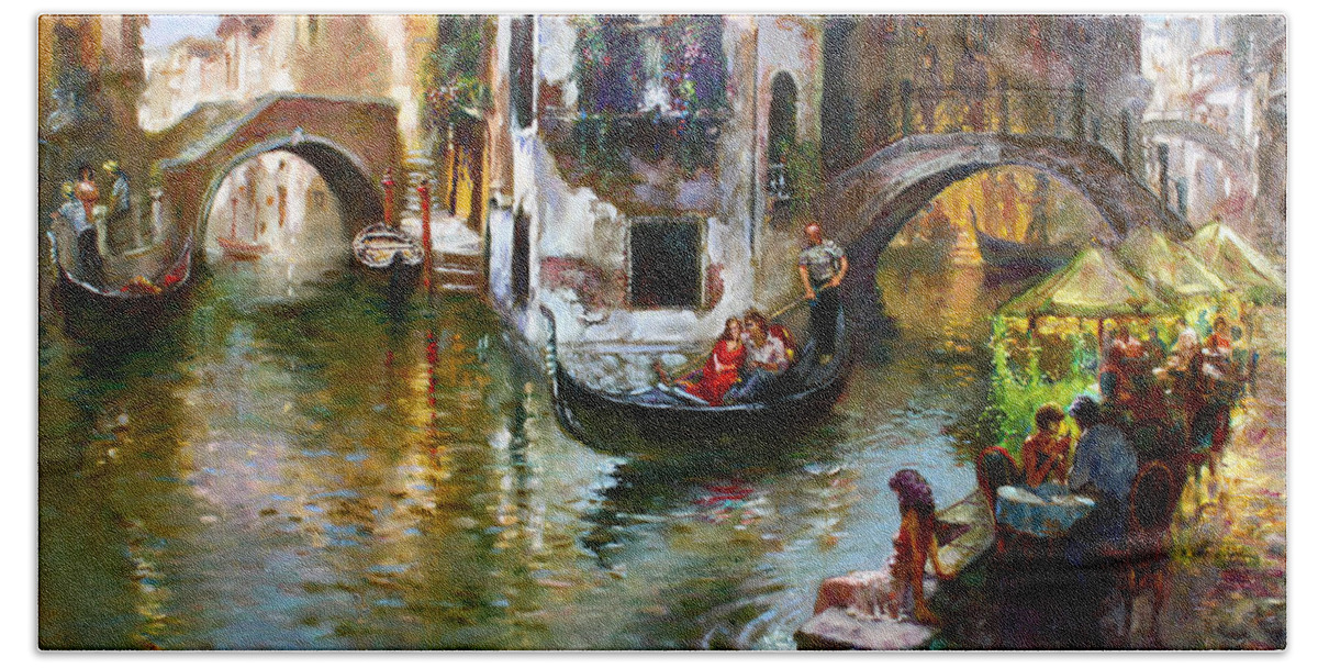 Romance In Venice Beach Towel featuring the painting Romance in Venice by Ylli Haruni