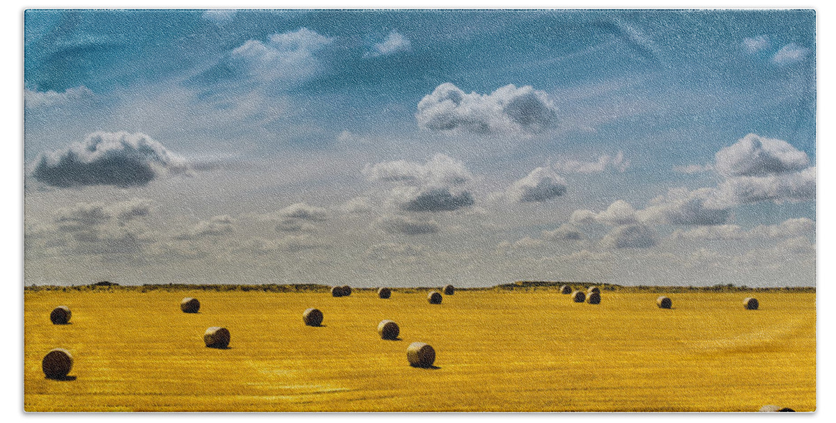 Agricultural Beach Towel featuring the photograph Round Straw Bales Landscape #1 by John Williams