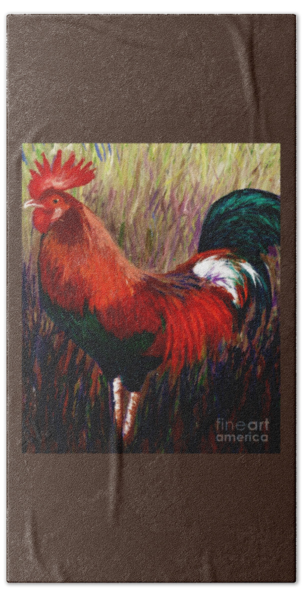 #rooster #chicken #animals #2d #art #artist #beautiful #colorful #fineart #greenliving #landscape #nature #natureaddict #newartwork #painting Beach Sheet featuring the painting Rudy the Rooster #1 by Allison Constantino