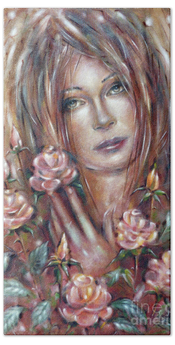 Woman Beach Towel featuring the painting Sad Venus In A Rose Garden 060609 #1 by Selena Boron