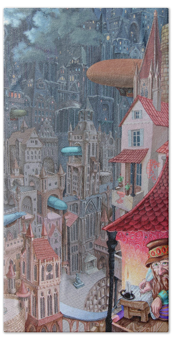 Dieselpunk Beach Towel featuring the painting Saga of the City of Zeppelins #1 by Victor Molev