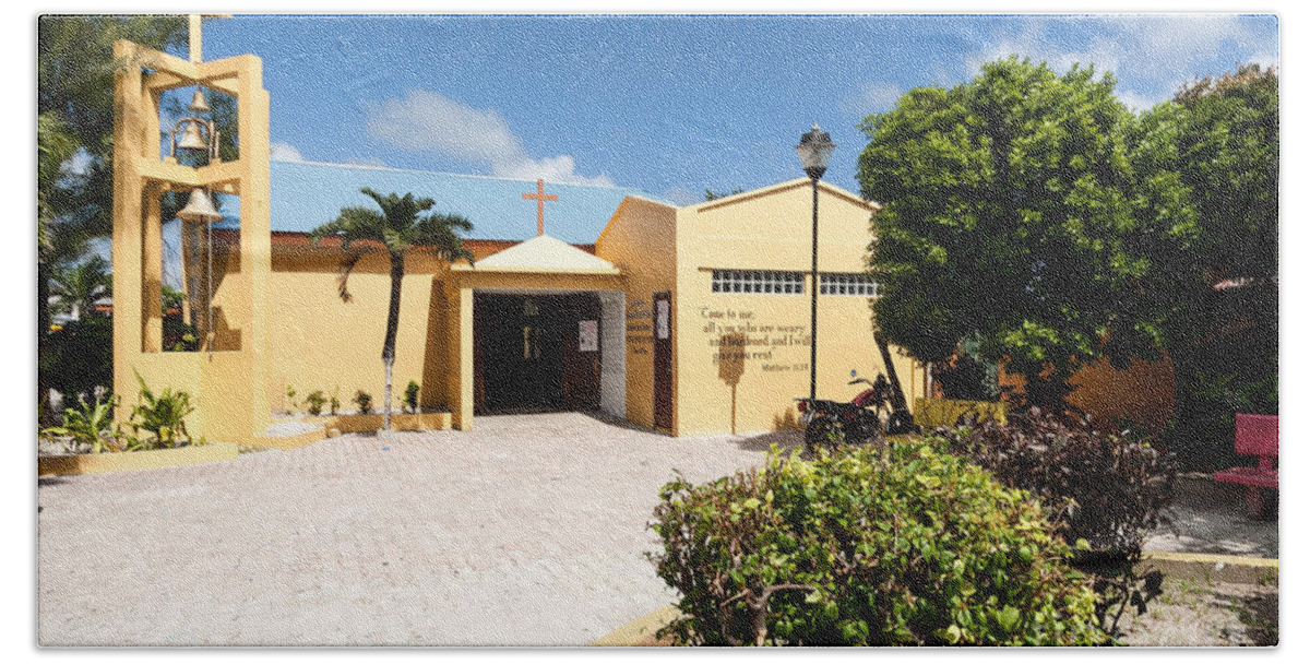 Ambergris Caye Beach Sheet featuring the photograph San Pedro Roman Catholic Church #2 by Lawrence Burry