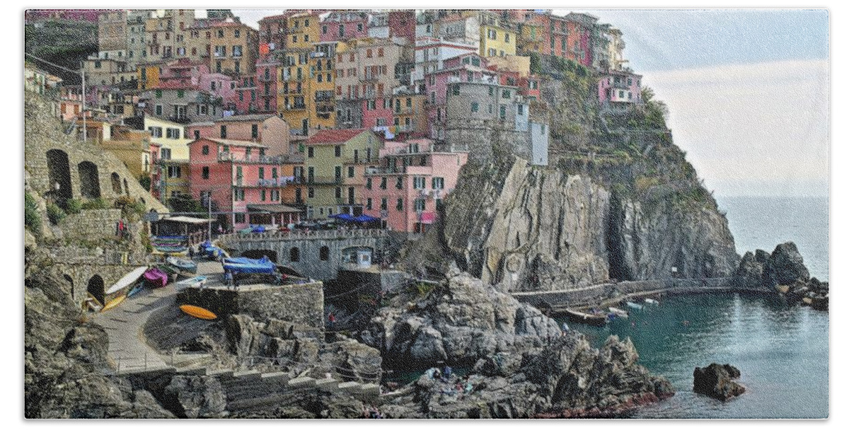 Manarola Beach Towel featuring the photograph Seaside Village #1 by Frozen in Time Fine Art Photography