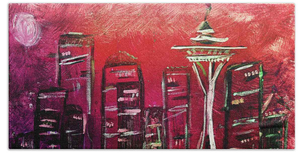 Seattle Beach Sheet featuring the painting Seattle Skyline #1 by Melisa Meyers