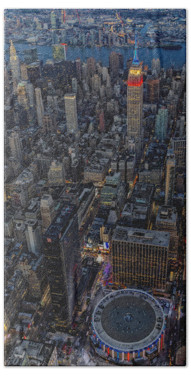 Aerial View Beach Towel featuring the photograph September 11 NYC Tribute by Susan Candelario