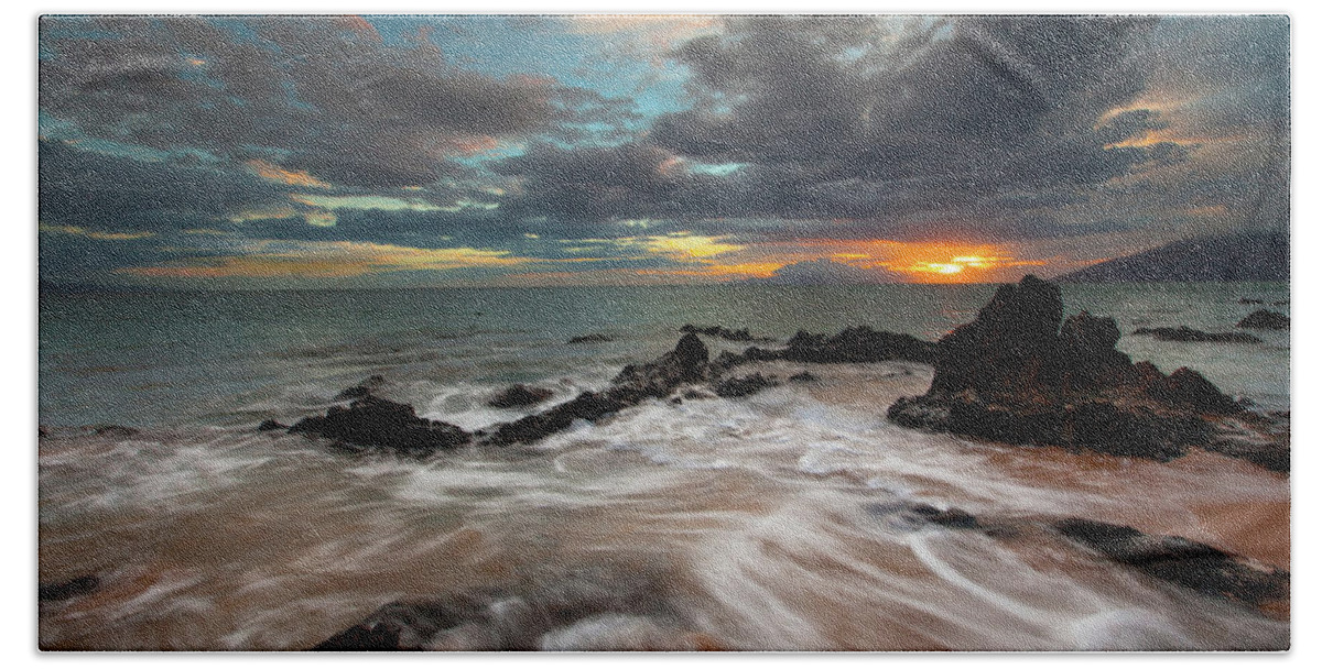 Charlie Young Kihei Maui Hawaii Sunset Clouds Seascape Ocean Tjdes Fine Art Photography Beach Sheet featuring the photograph Serenity #1 by James Roemmling
