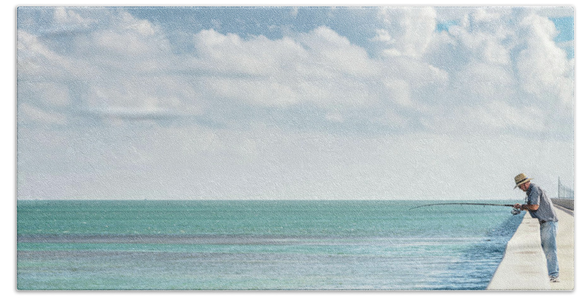 Seven Mile Bridge Beach Sheet featuring the photograph Seven Mile Fishing #1 by Framing Places