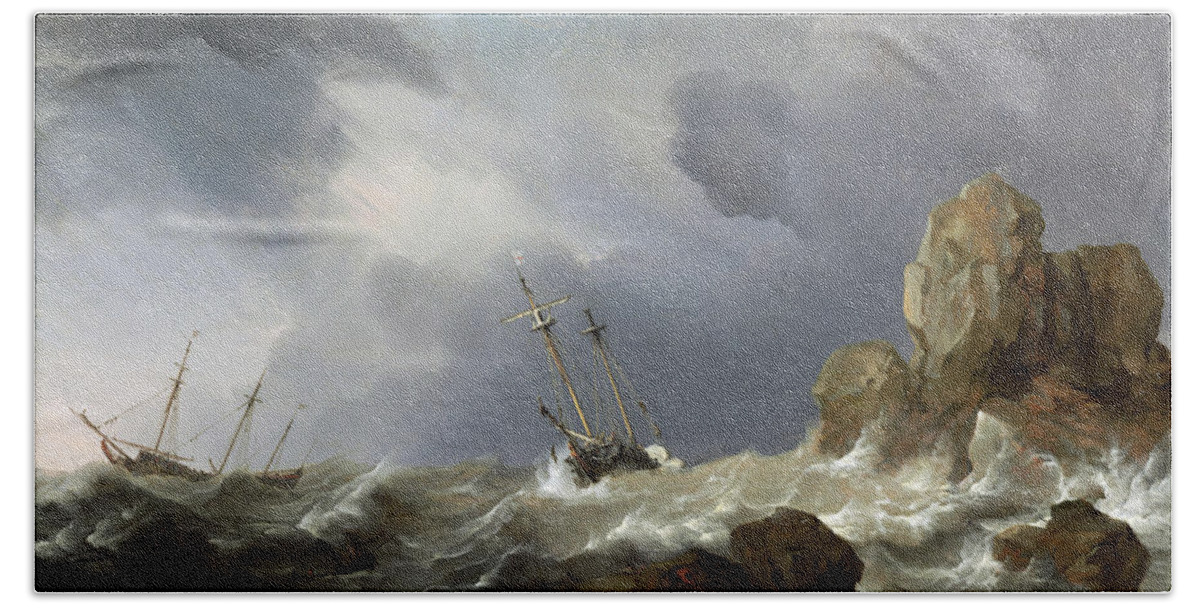 Willem Van De Velde The Younger Beach Towel featuring the painting Ships in a Gale #1 by Willem van de Velde the Younger