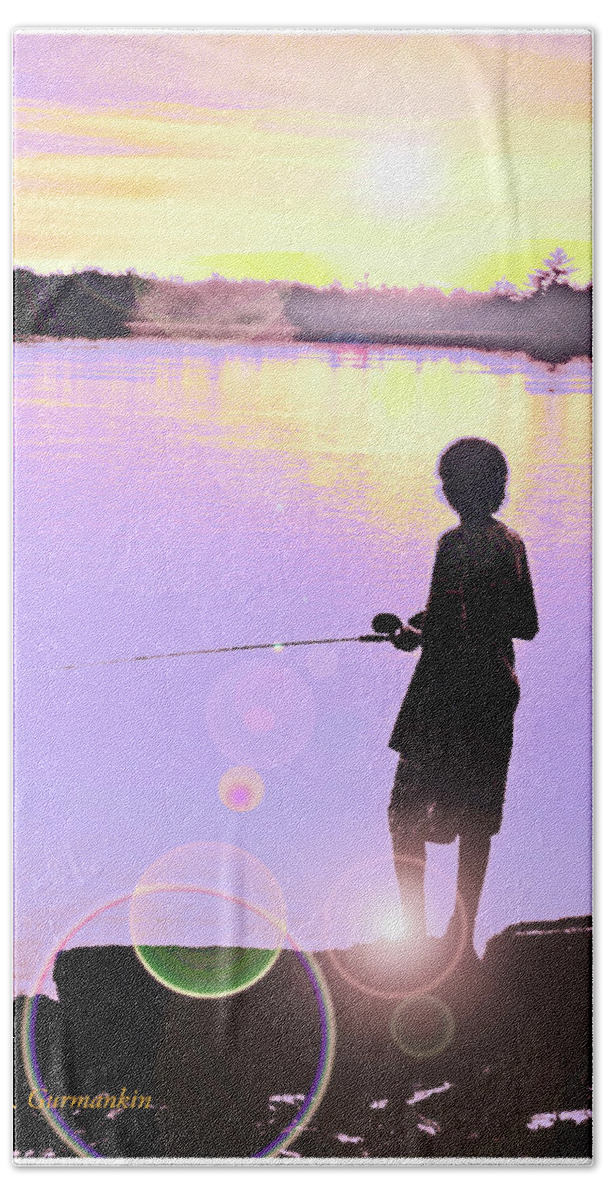 Silhouette Beach Towel featuring the digital art Silhouetted Boy Fishing at Sunset #1 by A Macarthur Gurmankin